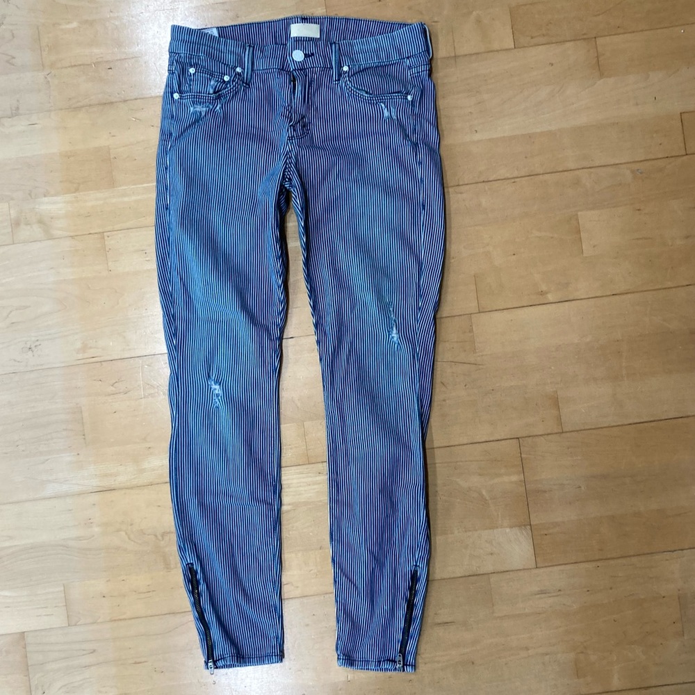 Mother engineer striped denim the looker Ankle zip jeans 27 pants stretch